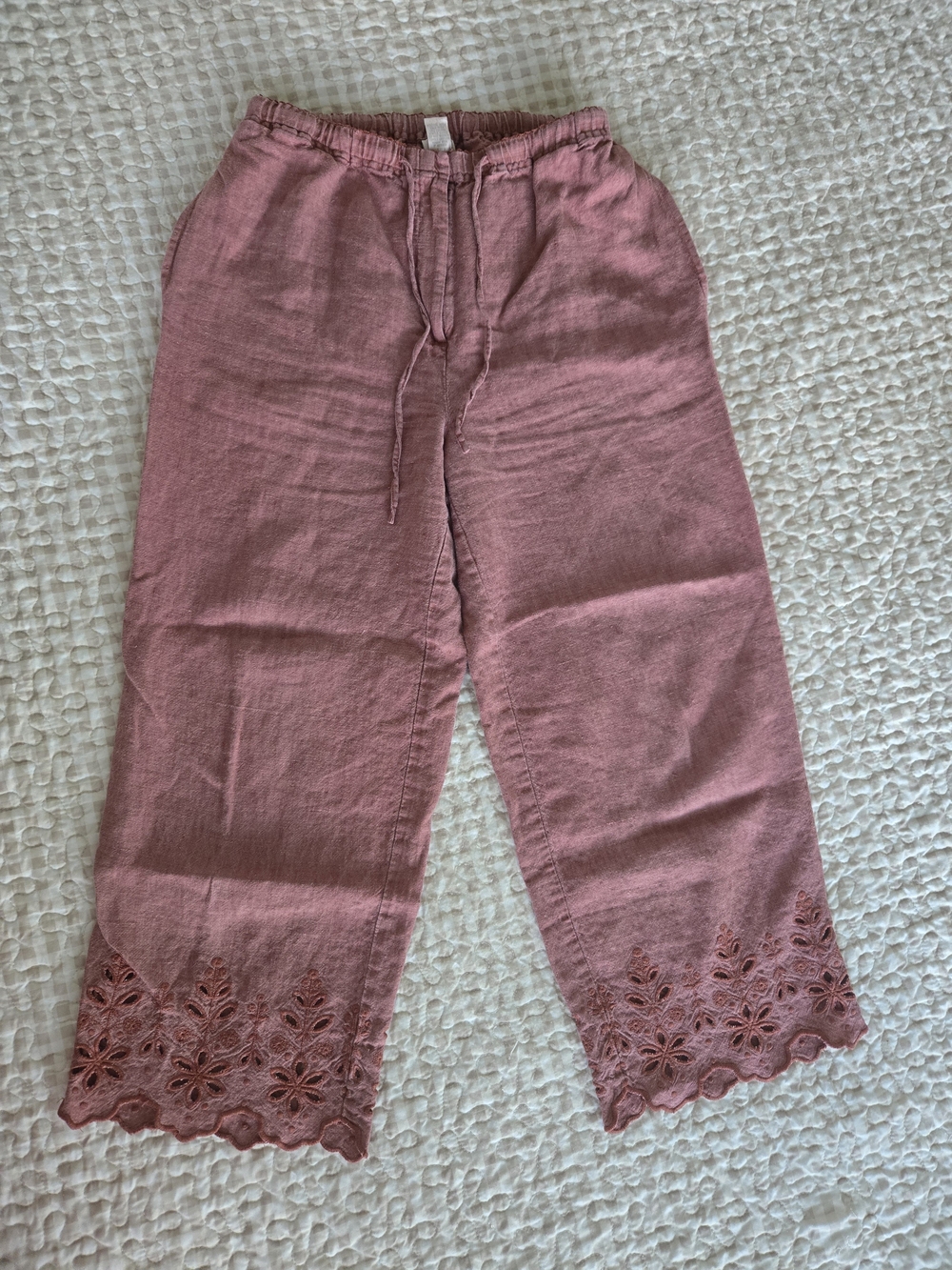 Cropped 100% Linen Pants with Eyelet Hem, Brick Red, Dusty Mauve, Lagenlook
